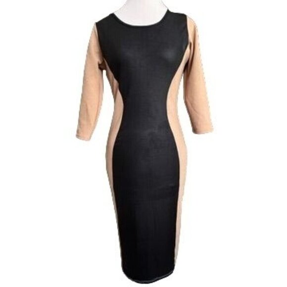 Love Chesley Black & Tan Colorblock Bodycon Dress 3/4 Sleeve Medium Midi Texture - Picture 1 of 9
